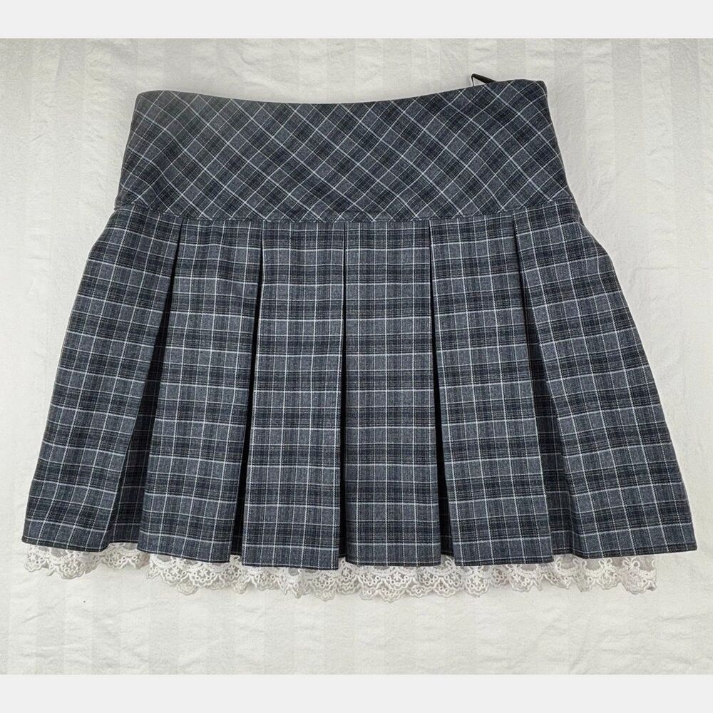 Plaid Academia Coquette Lace Mini Skirt XS Whimsigoth